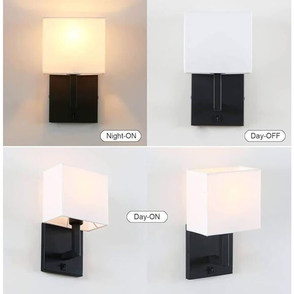 PERMO Black Single Wall Sconce Light Fixture Set of 2 with White Textile Shades - Picture 3 of 7
